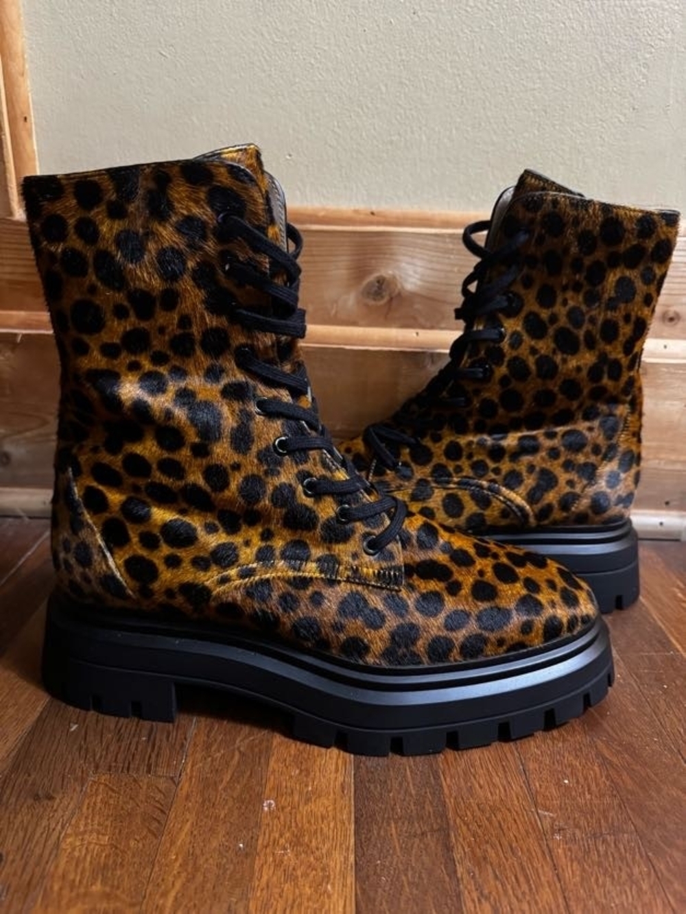 Stuart Weitzman Leopard-Print Lace-Up Combat Boots - Brown/Black - Picture 2 of 4